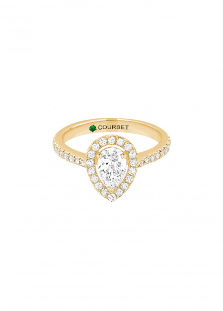 Bague Halo Poire ""C"" de Courbet 3/4 pavée en or jaune - Face - Courbet