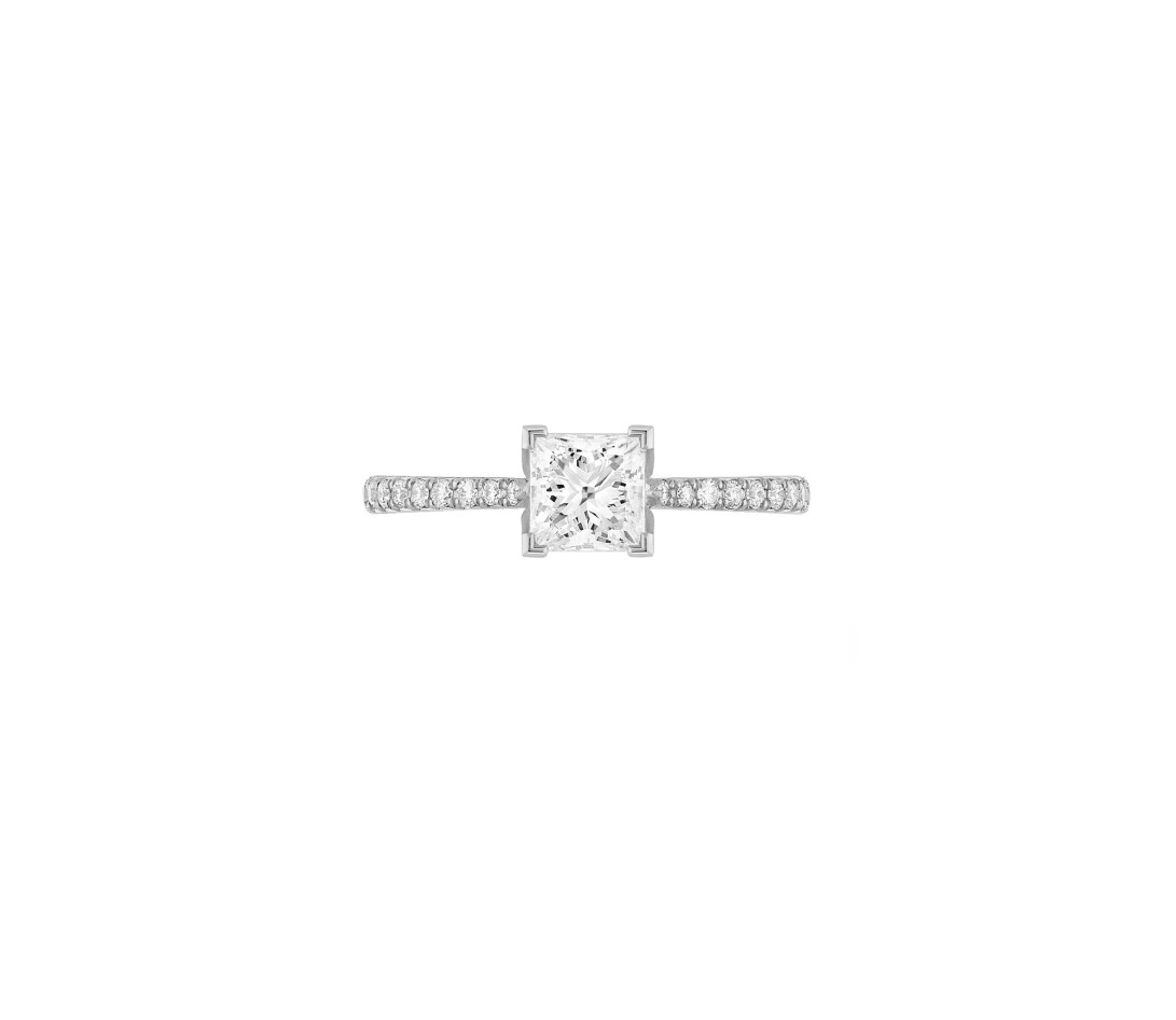 Solitaire C de Courbet 4 griffes pavé taille Princesse en or blanc - vue 1