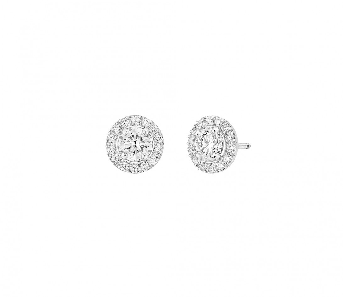 Boucles d'oreilles puces Halo en or blanc et diamants de synthèse 0,9ct