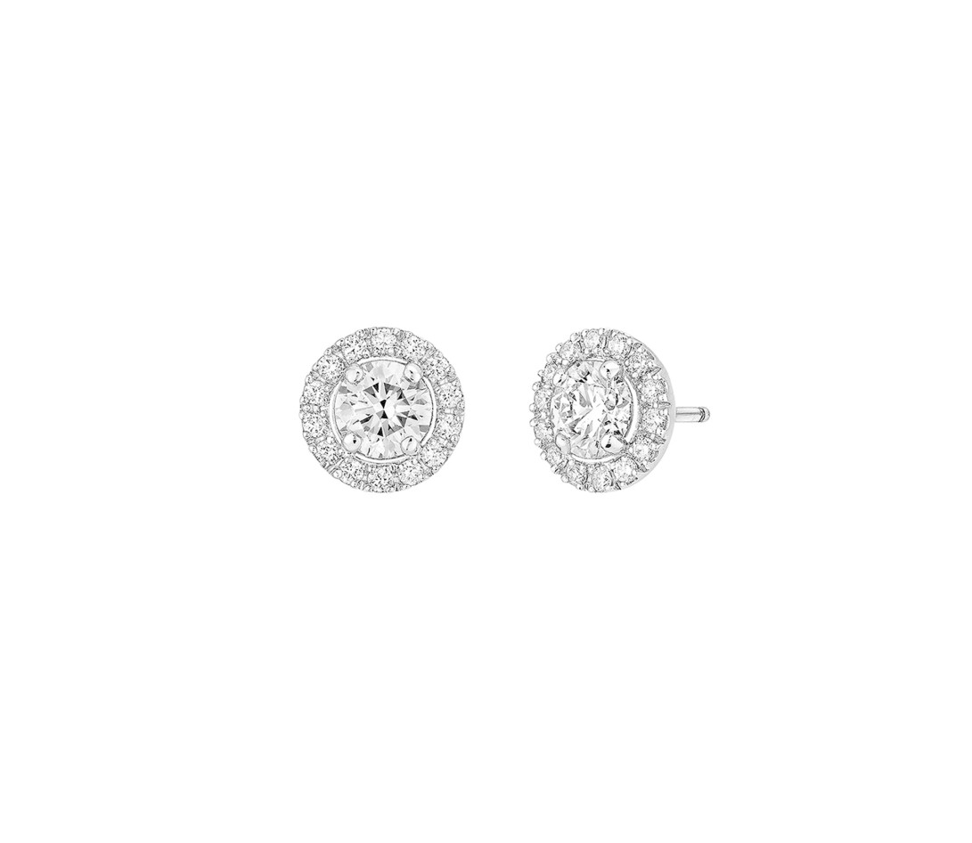 Boucles d'oreilles puces Halo en or blanc et diamants de synthèse 0,6ct