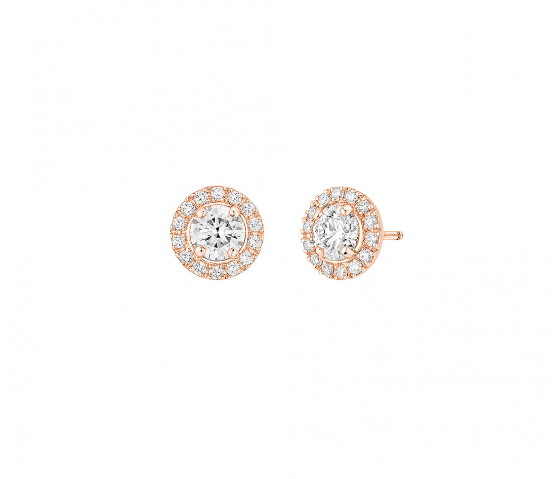 Boucles d'oreilles puces Halo en or rose et diamants de synthèse 1,5ct