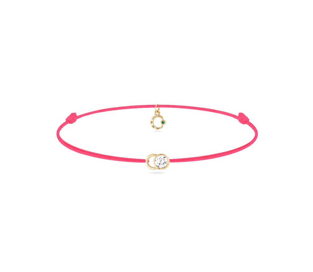 Bracelet cordon LET'S COMMIT rose fluo en or jaune - Face